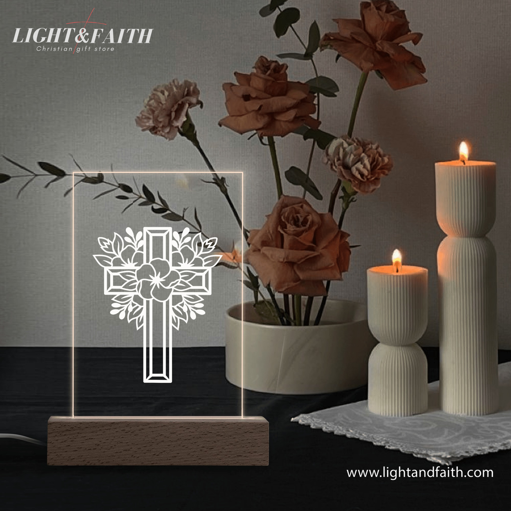 Christian Cross LED Night Light with Floral Design – Faith-Based Home Decor Gift, Faith Gift for Believers. NLLAF23